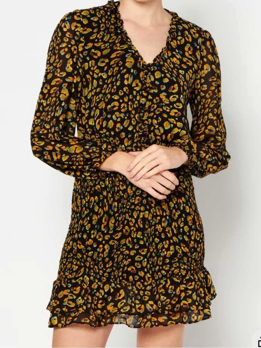Animal Print Long-Sleeve Smocked Mini Dress